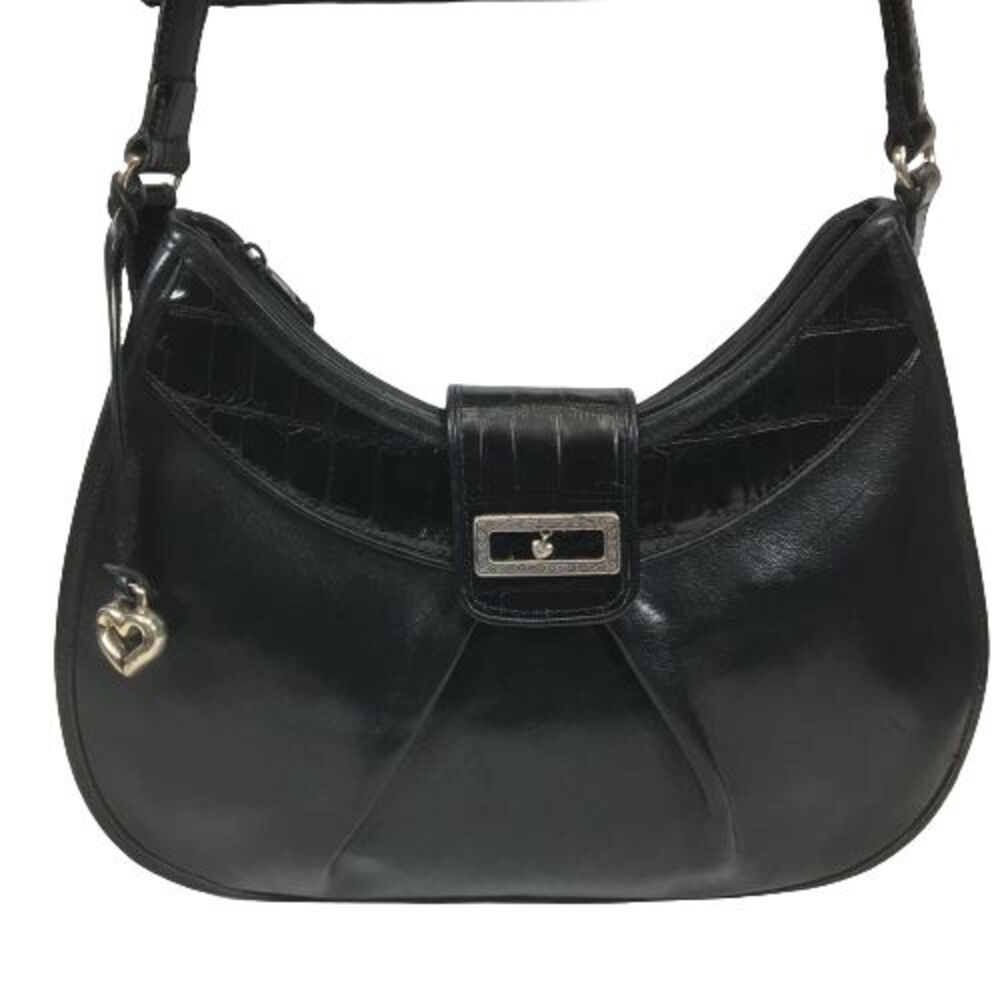 Brighton Hobo Bag Black Glazed Leather Moc Croc Trim Shoulder Purse Tote